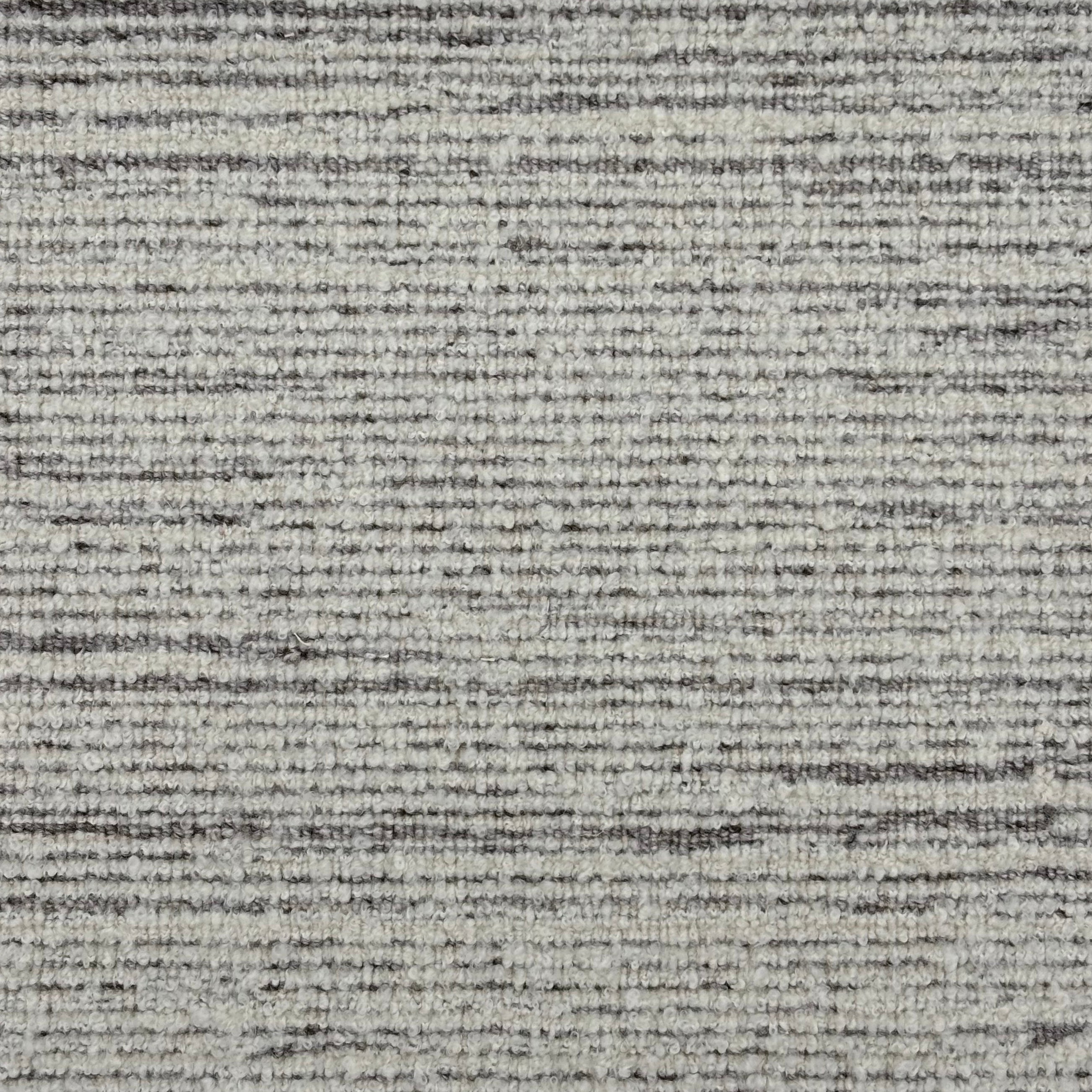 Handknotted rug sample in a textural blend of soft heathered grey and white. 