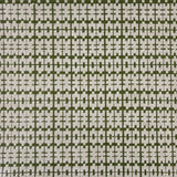 Handowoven rug sampe in a raised geometric pattern in white on a green field. 