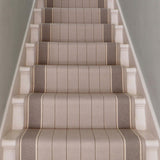 Striped flatweave runner in light grey an brown on white staircase