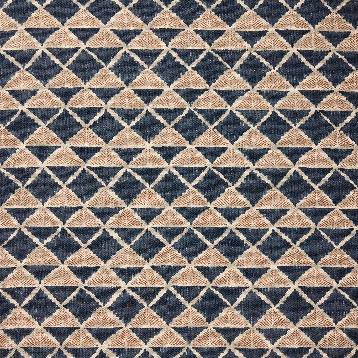 Fabric with a geometric pattern of triangles in wine navy blue and brown.
