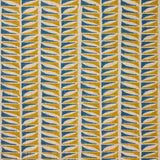 Close-up of fabric with a geometric leaf pattern in blue and ochre.