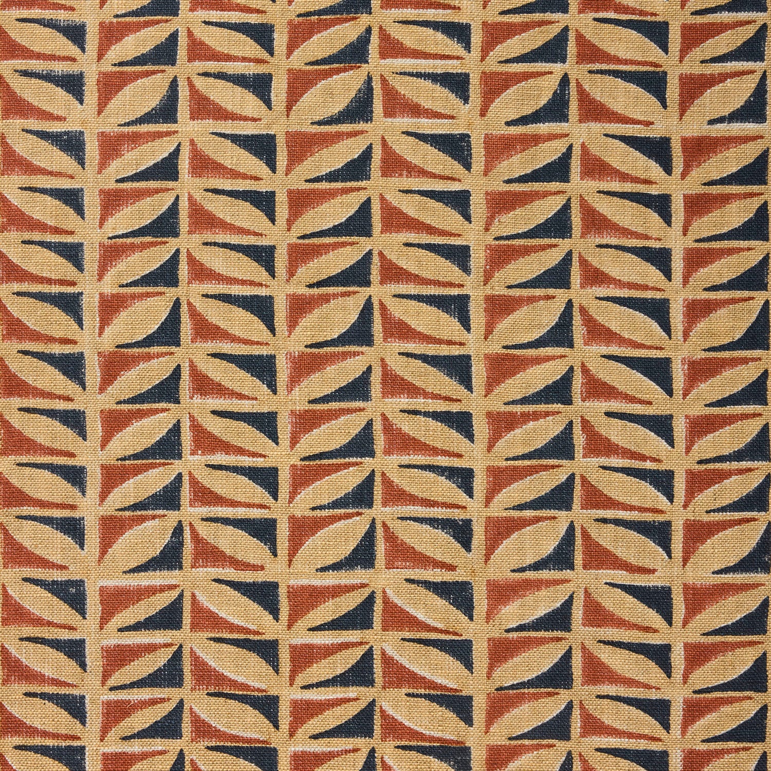 Patterned fabric with geometric design in red, blue, and beige.
