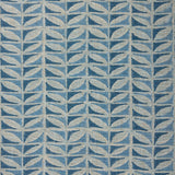 Close-up of fabric with a leaf pattern in shades of blue.