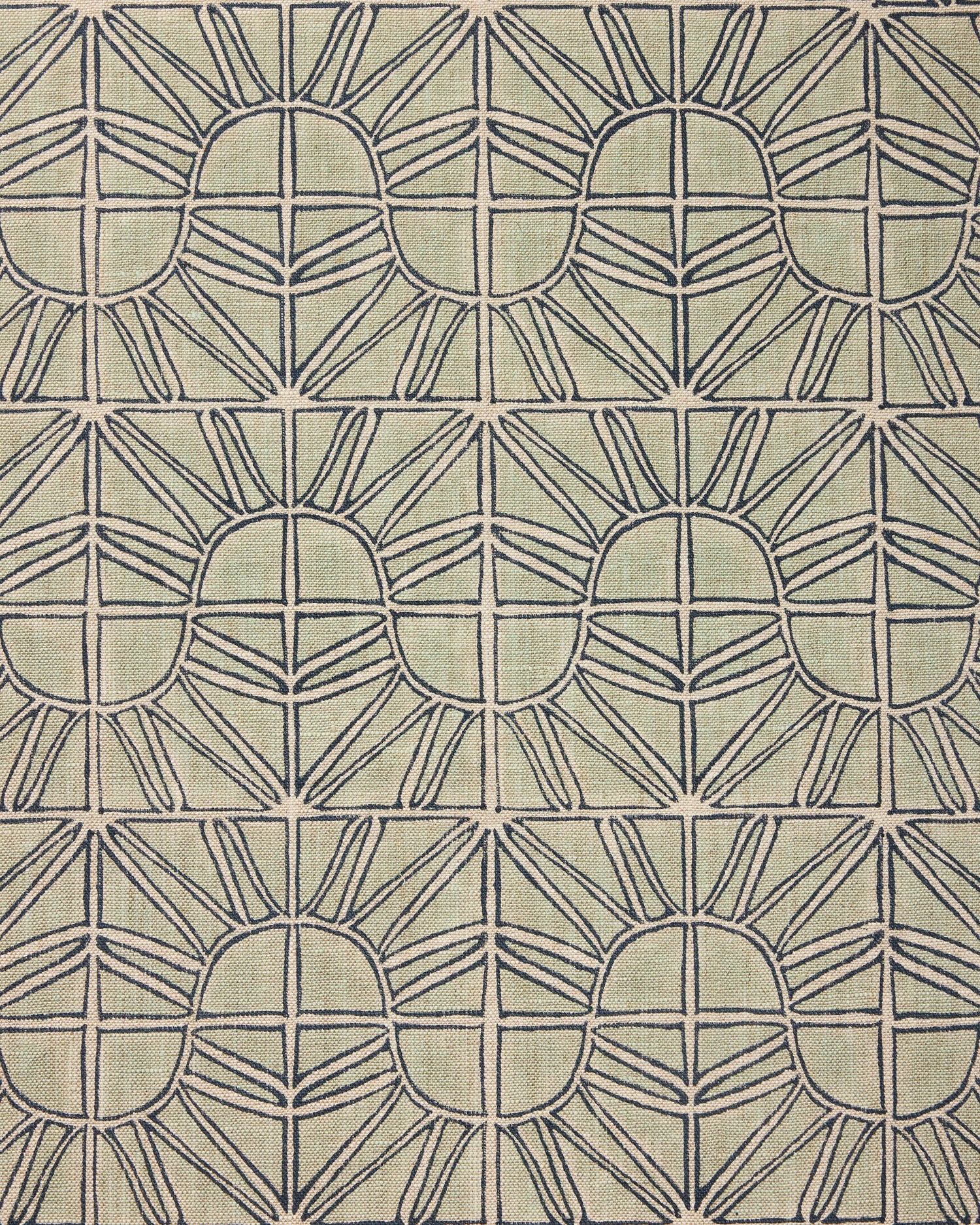 Fabric with geometric sun pattern in light blue with navy blue outline