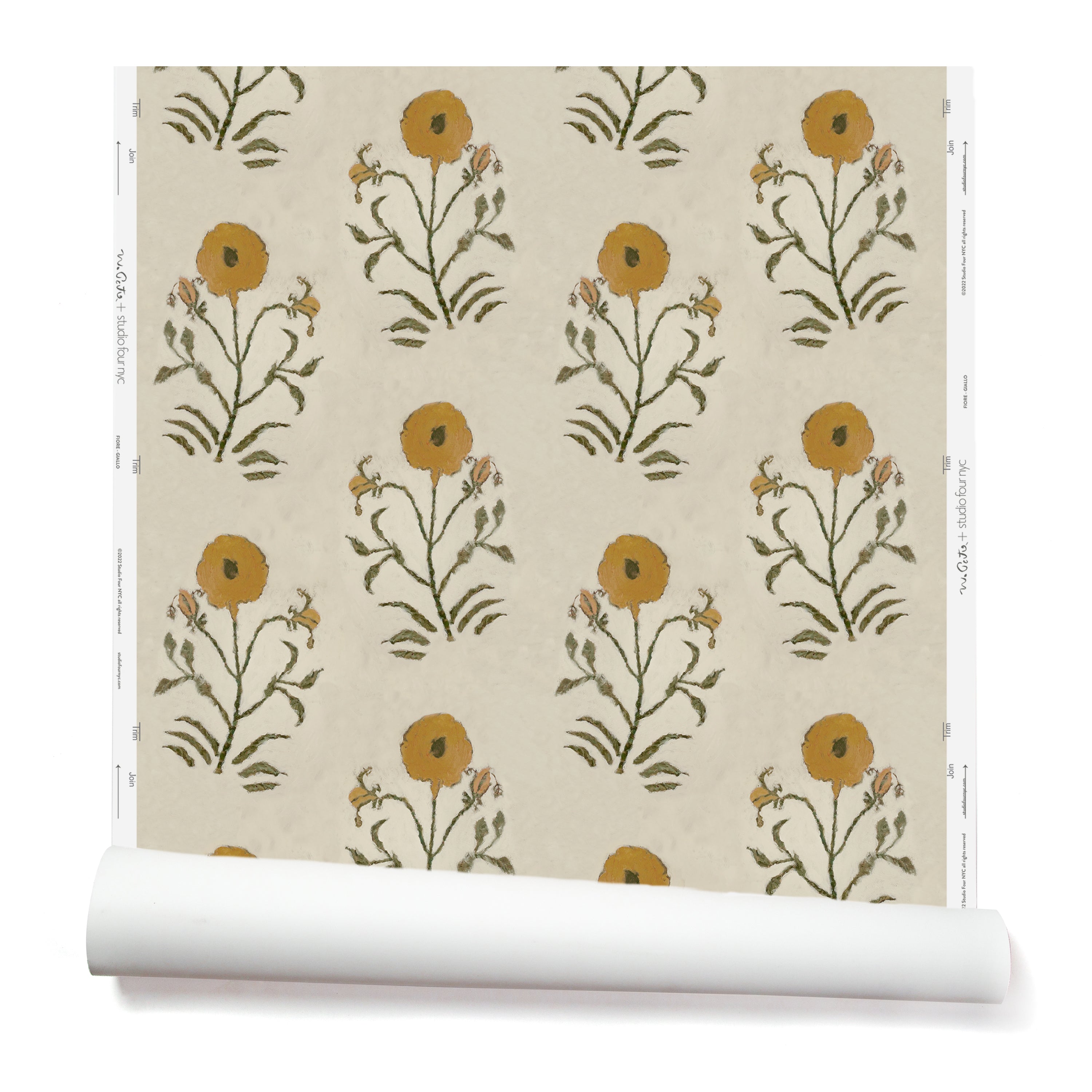 Partially unrolled wallpaper in a large-scale painterly floral print in mustard and green on a cream field.