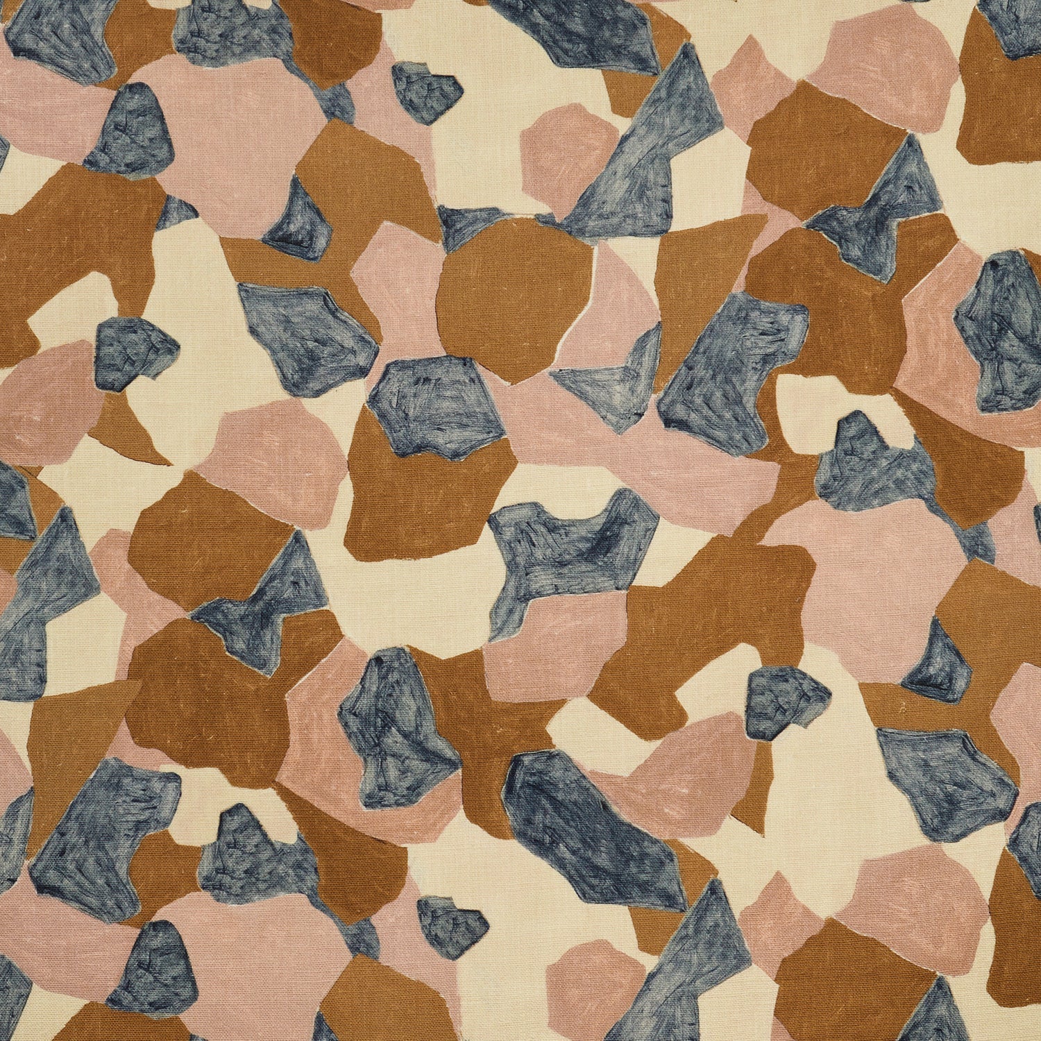 Woven fabric swatch in a painterly geometric pattern in shades of mauve, brown, cream and navy.