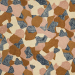 Woven fabric swatch in a painterly geometric pattern in shades of mauve, brown, cream and navy.