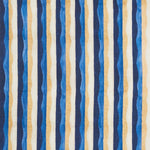 Woven fabric swatch in a curvy hand-painted stripe pattern in blue, gold, white and navy.
