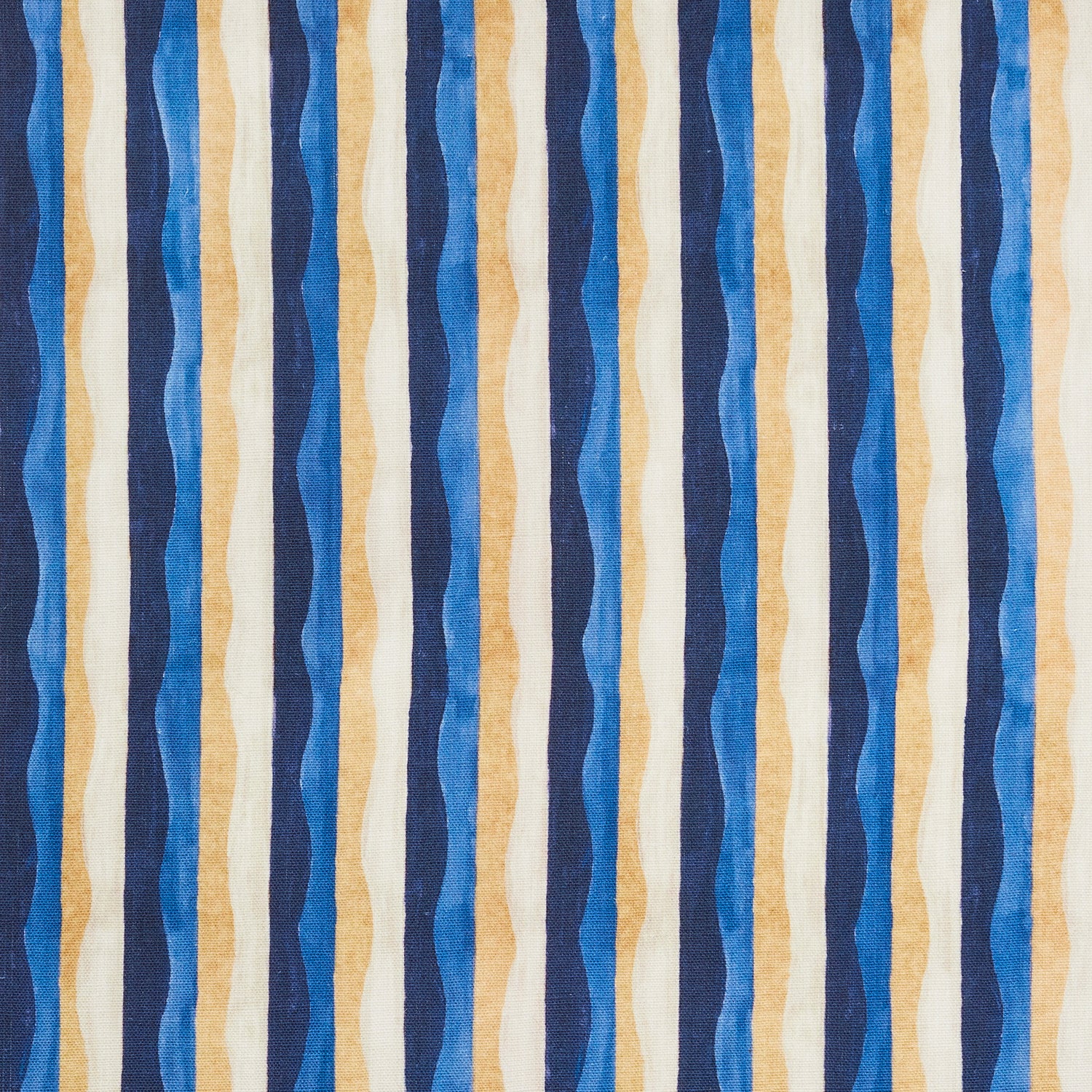 Woven fabric swatch in a curvy hand-painted stripe pattern in blue, gold, white and navy.