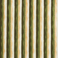 Woven fabric swatch in a curvy hand-painted stripe pattern in olive, sage, white and gold.