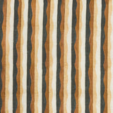 Woven fabric swatch in a curvy hand-painted stripe pattern in shades of brown, tan and white.