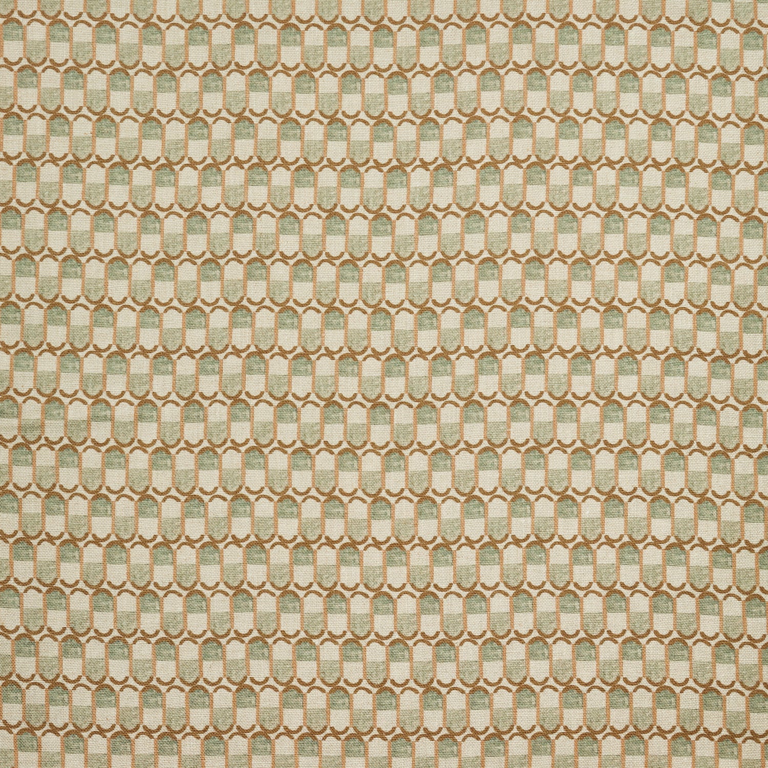 Woven fabric swatch in a repeating mosaic print in shades of brown and gray-blue on a tan field.