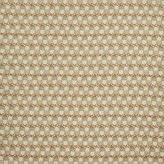 Woven fabric swatch in a repeating mosaic print in shades of brown and gray-blue on a tan field.