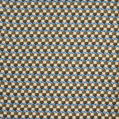 Woven fabric swatch in a repeating mosaic print in shades of blue, rust and gray on a cream field.