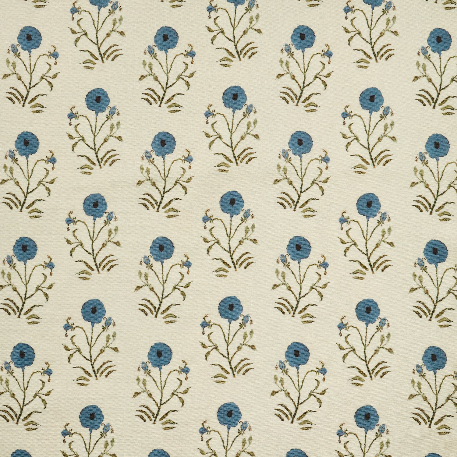 Woven fabric swatch in a painterly floral print in blue and green on a cream field.
