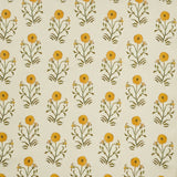 Woven fabric swatch in a painterly floral print in mustard and green on a cream field.