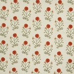 Woven fabric swatch in a painterly floral print in red and green on a cream field.