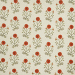 Woven fabric swatch in a painterly floral print in red and green on a cream field.