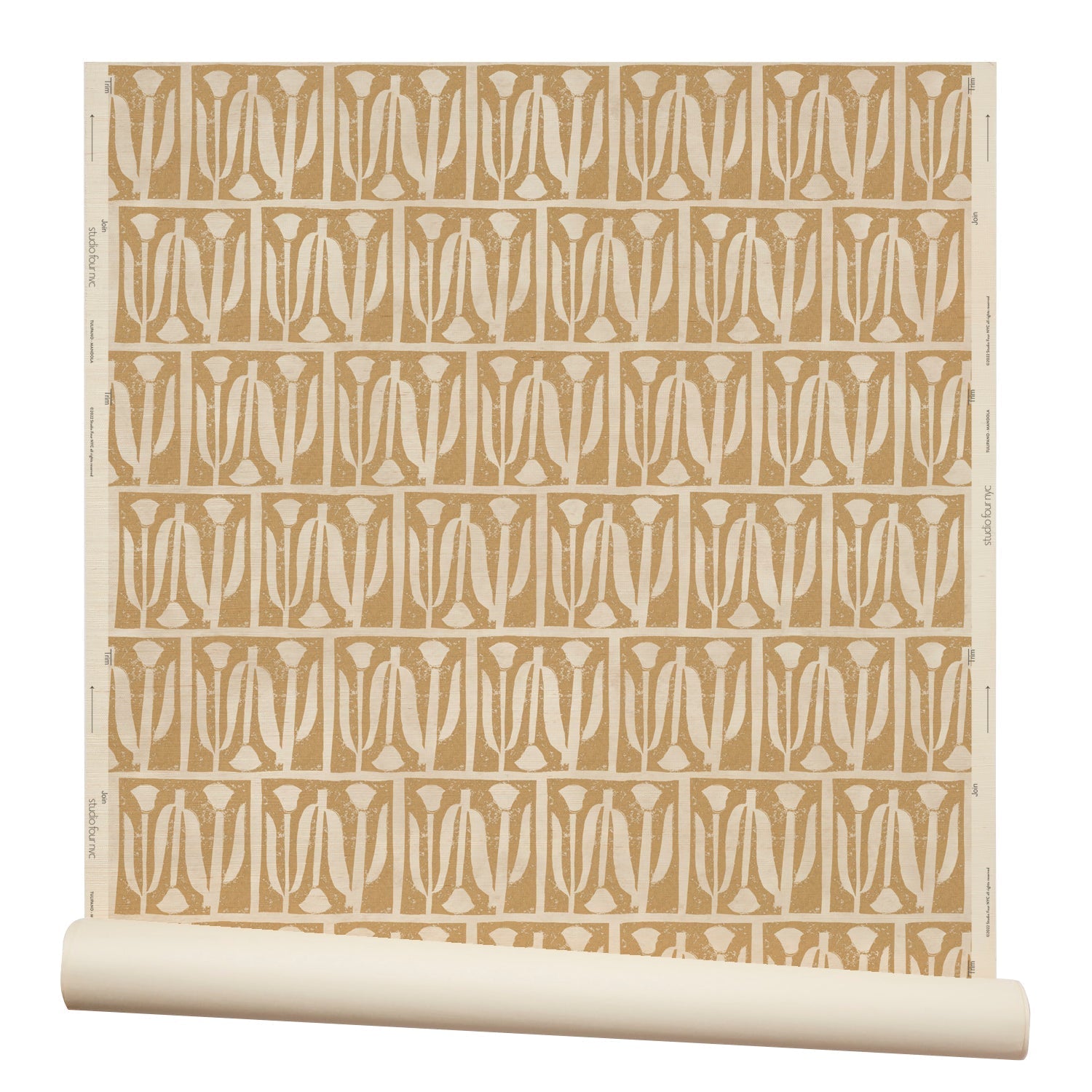 Partially unrolled wallpaper in an abstract tulip print in a repeating stripe on a light orange field.