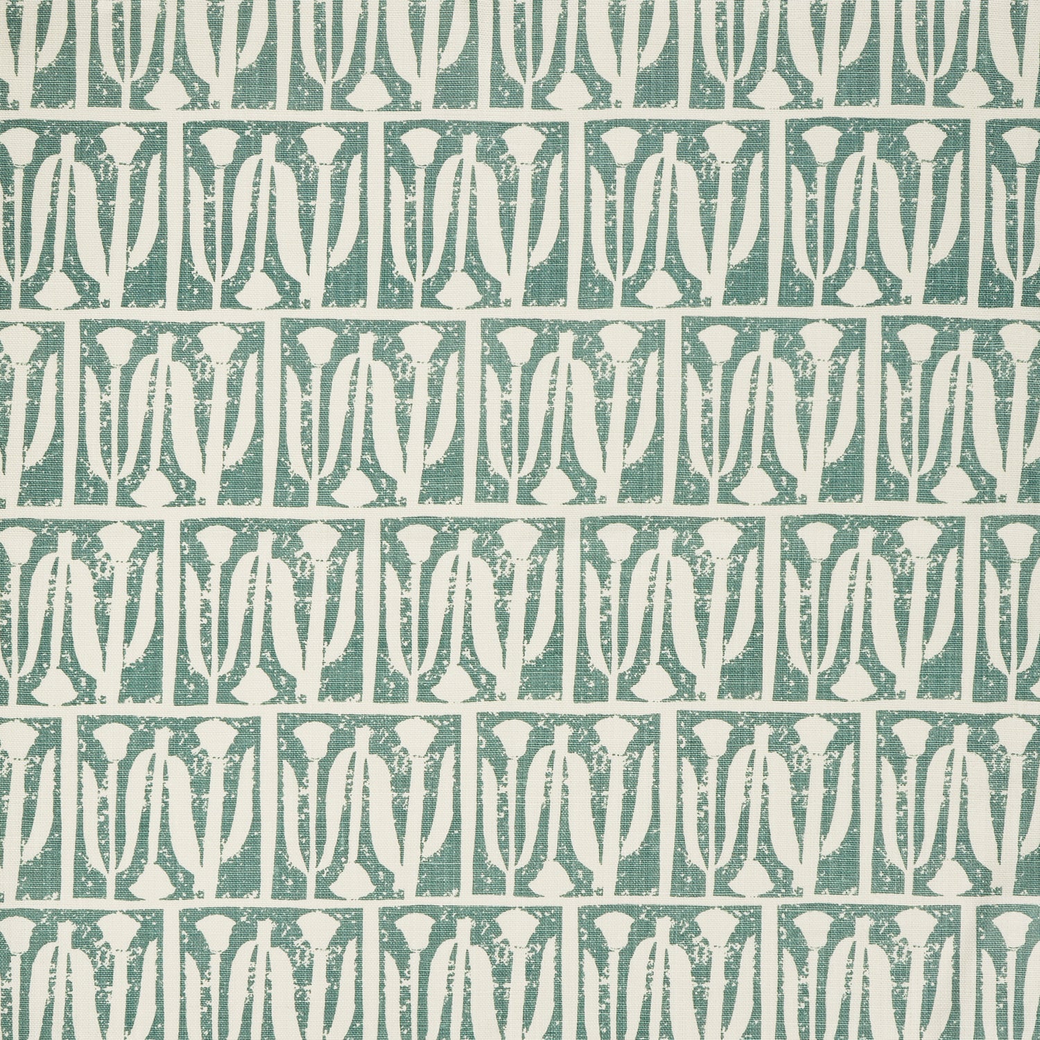 Woven fabric swatch in an abstract tulip print in a repeating stripe on a dusty blue field.