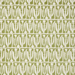 Woven fabric swatch in an abstract tulip print in a repeating stripe on a sage field.