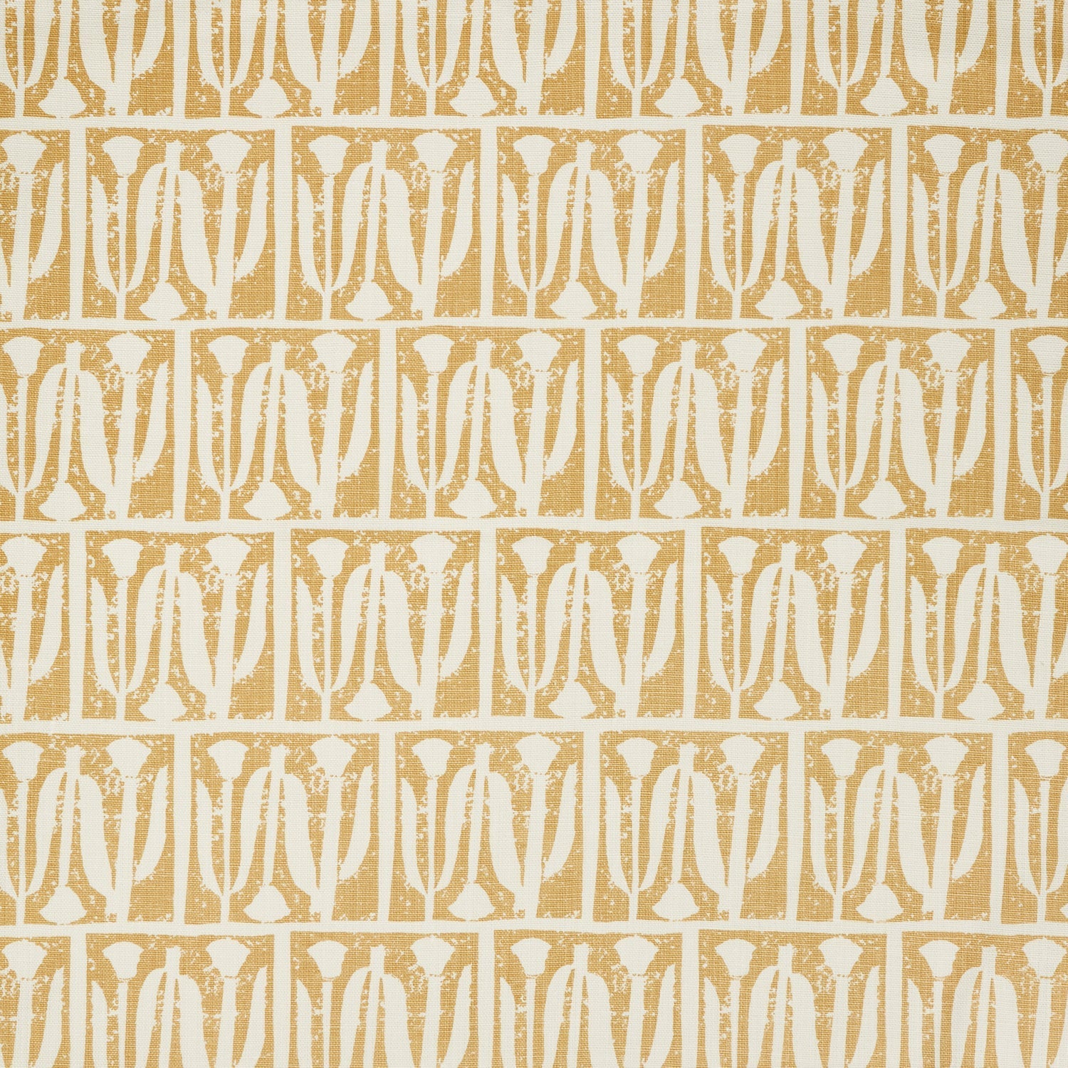 Woven fabric swatch in an abstract tulip print in a repeating stripe on a light orange field.