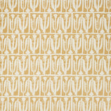 Woven fabric swatch in an abstract tulip print in a repeating stripe on a light orange field.