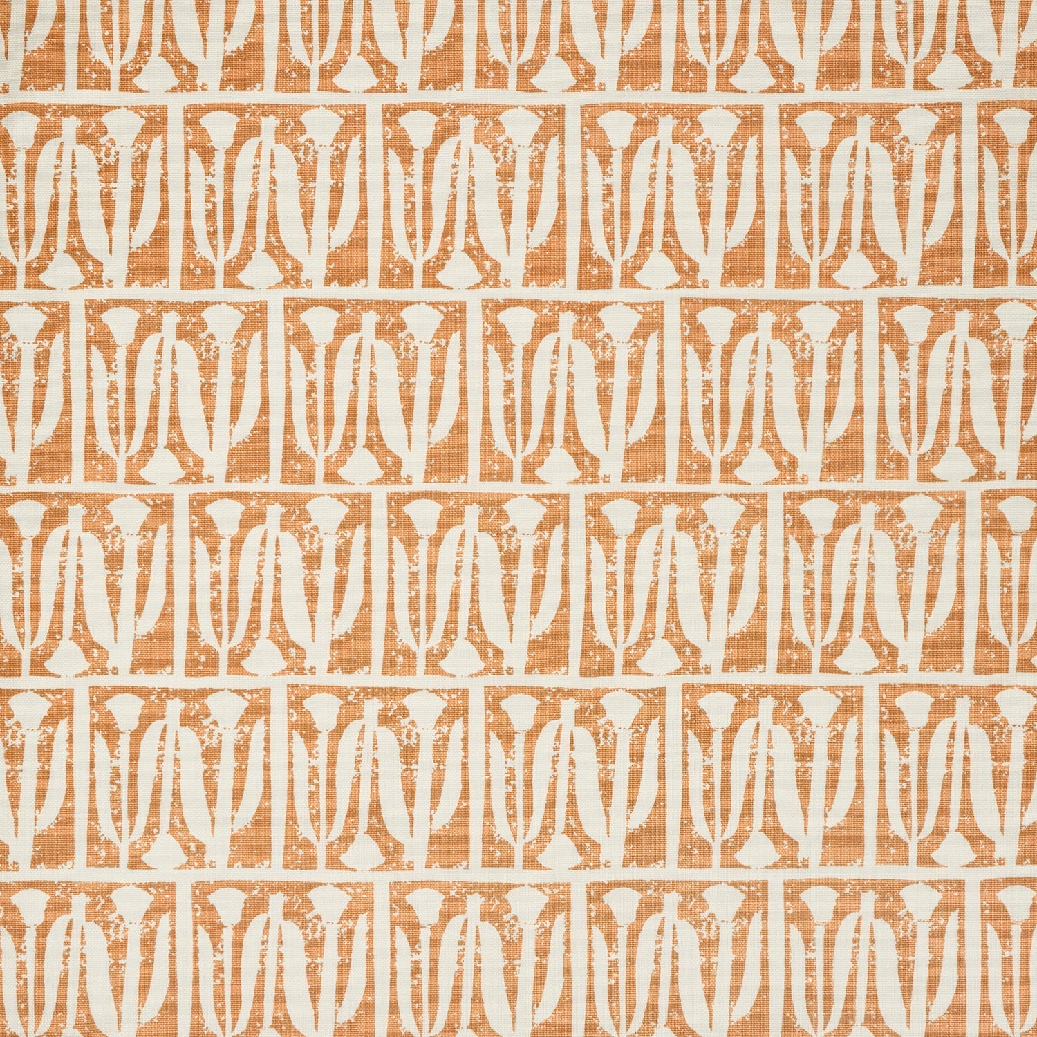 Woven fabric swatch in an abstract tulip print in a repeating stripe on a rust field.