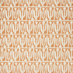 Woven fabric swatch in an abstract tulip print in a repeating stripe on a rust field.