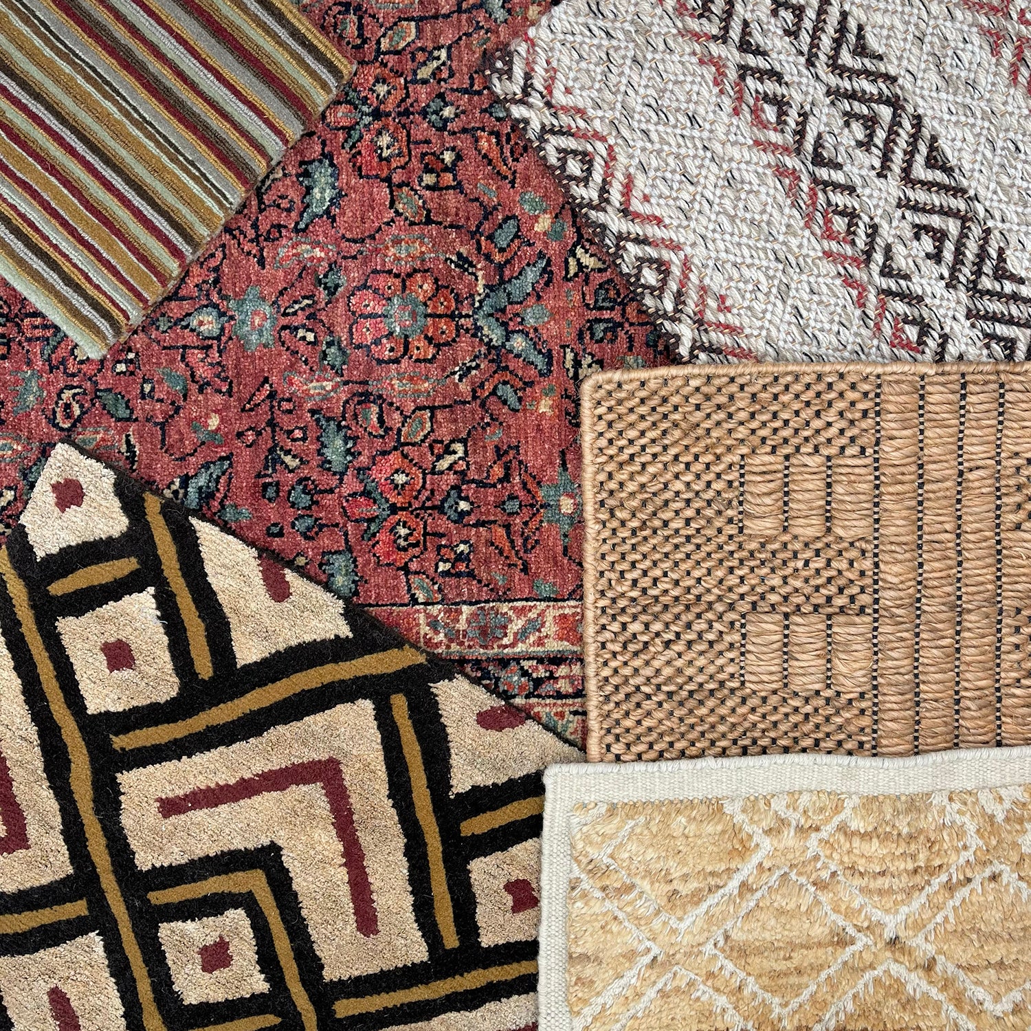 An array of custom rug samples, in various patterns in shades of tan, chrimson, cream and grey.