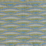 Detail of handwoven rug in a wavy striped pattern in shades of green and blue