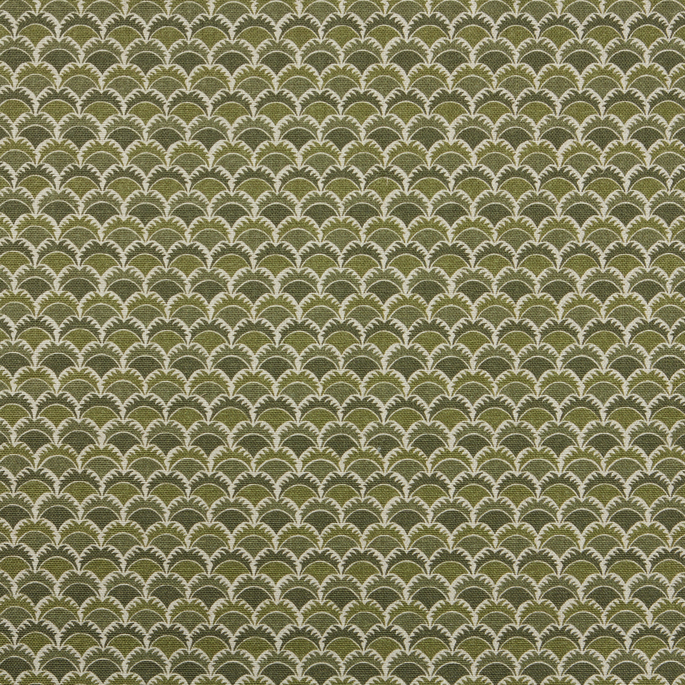 Swatch of fabric with a repeating Japanese-inspired scalloped pattern in shades of green, sage and tan.