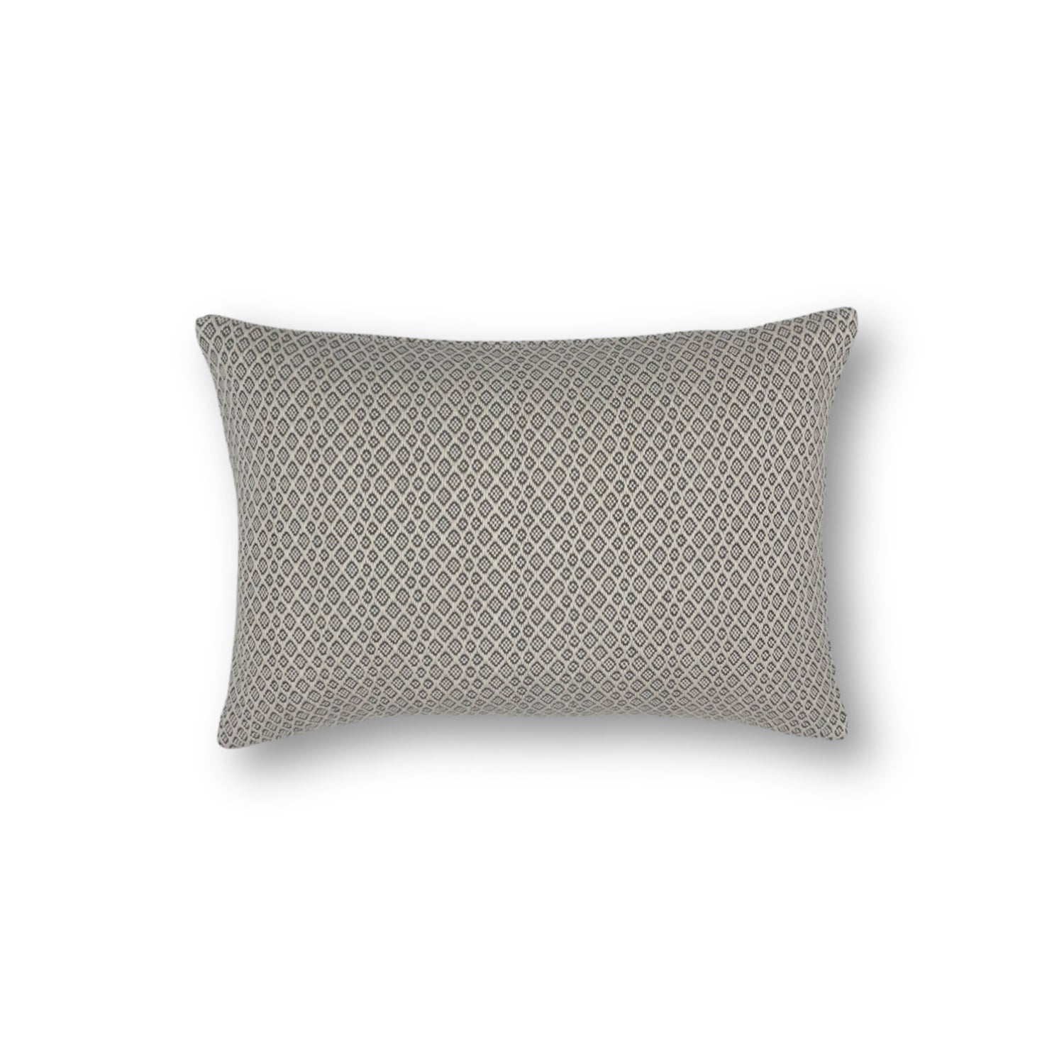 Handwoven Pillow in a small scale diamond pattern in grey on a white field. 