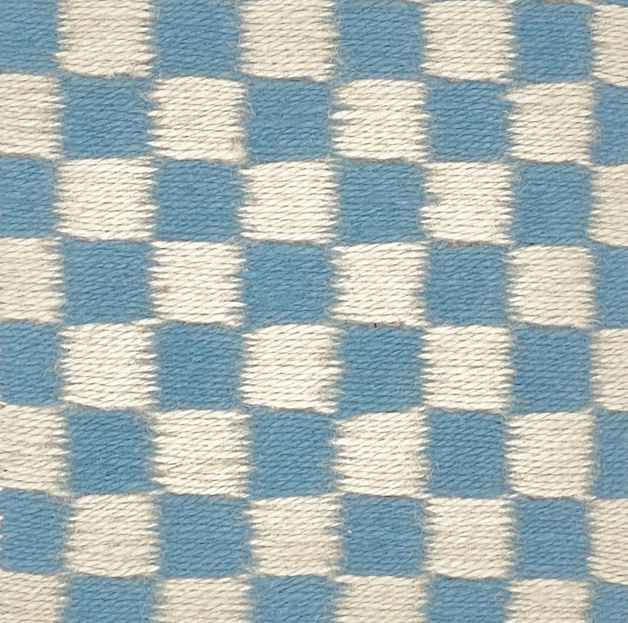 Checkered pattern rug with blue and white squares