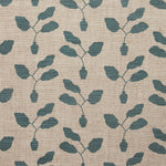 Fabric swatch with a three leafed plant in a pot motif in slate blue on a textured woven linen in oatmeal.