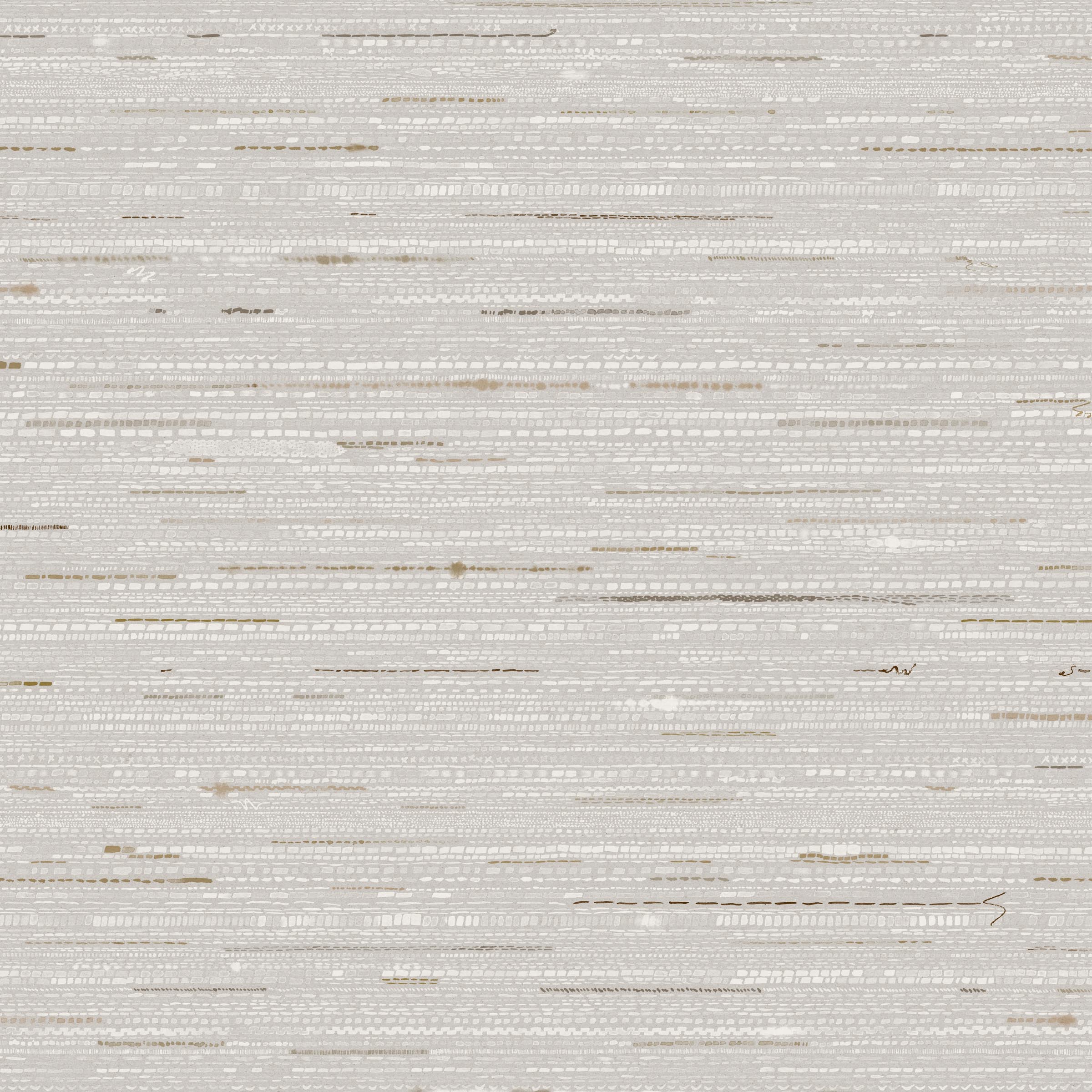 Detail of wallpaper in a textural striped pattern in shades of gray, white and tan.