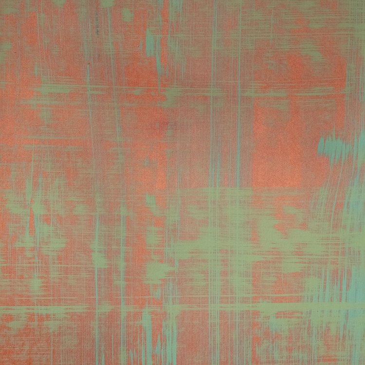 Detail of wallpaper in an absract texutral print in shades of red and turqoise.