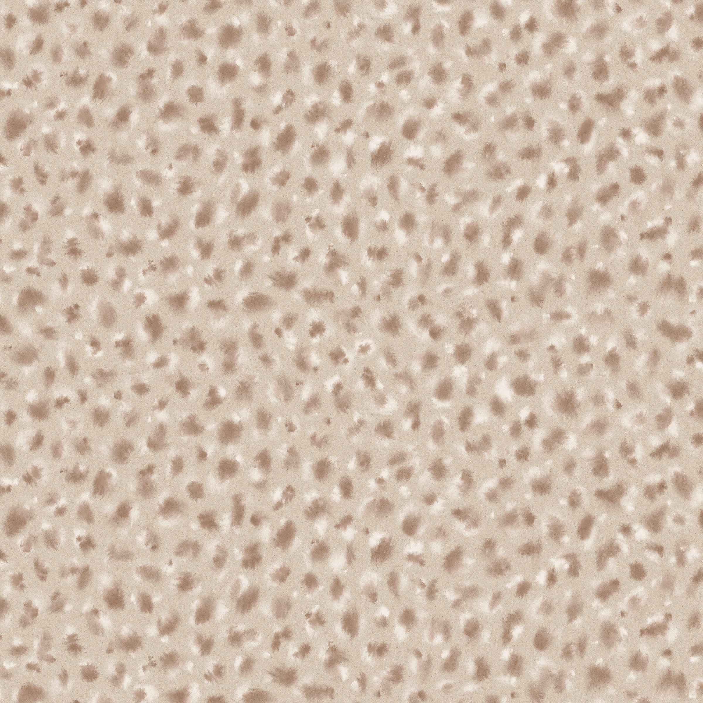 Detail of fabric in a painterly animal print in cream and brown on a tan field.