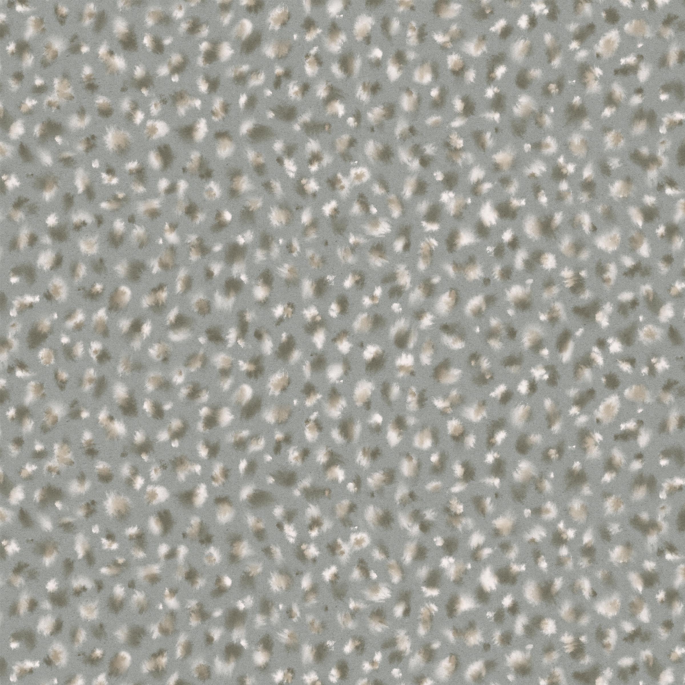 Detail of wallpaper in a painterly animal print in white and tan on a blue-gray field.