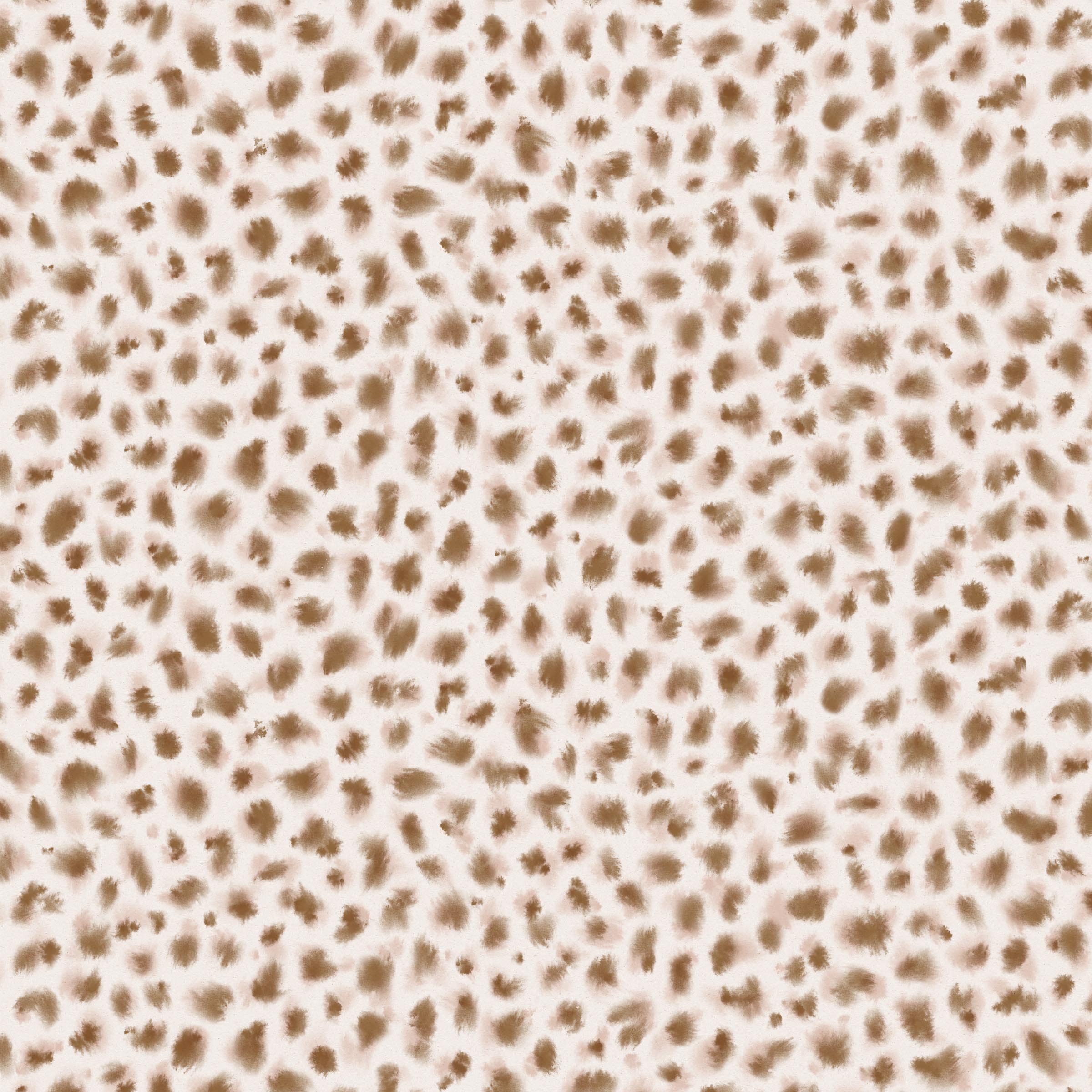 Detail of wallpaper in a painterly animal print in cream and brown on a white field.