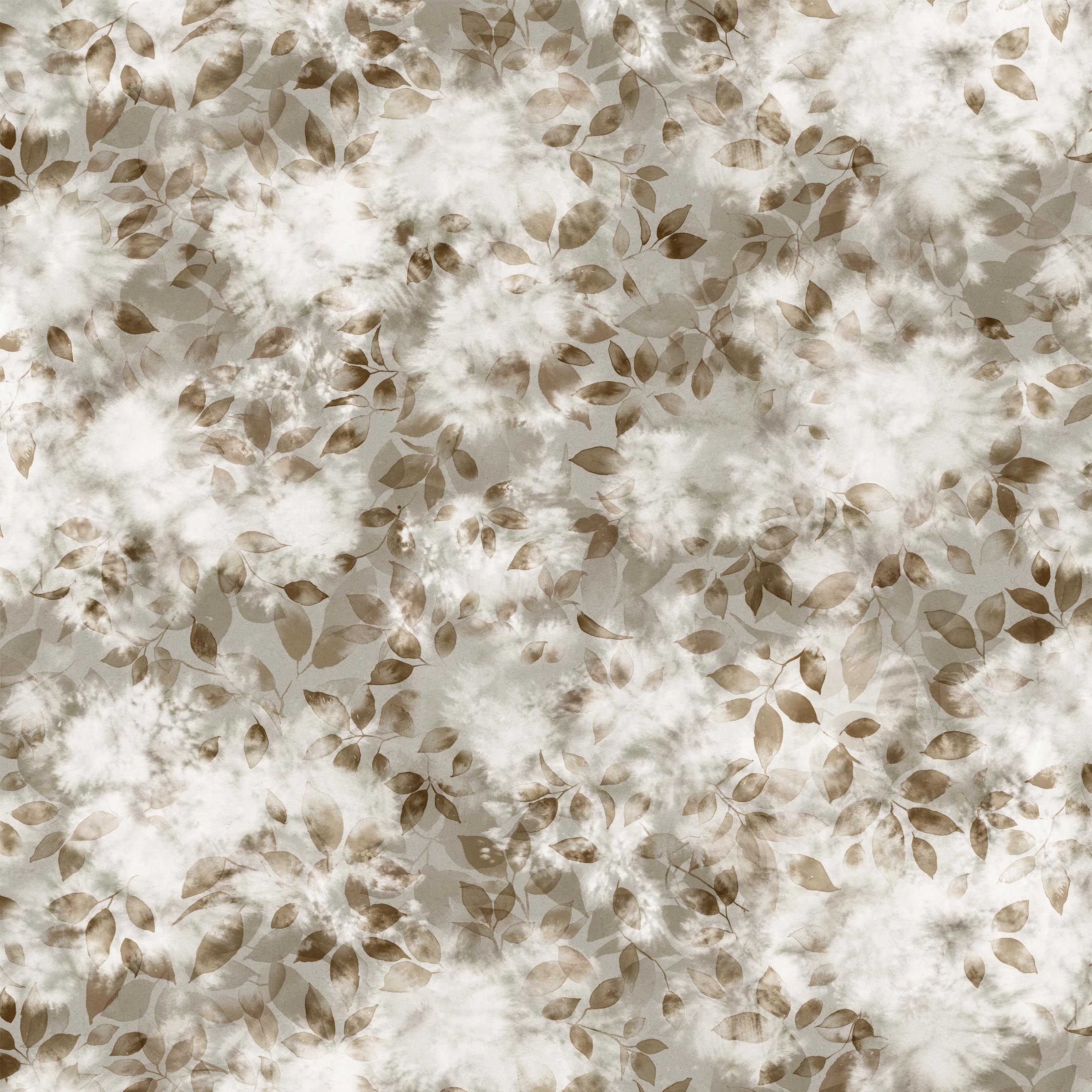Detail of wallpaper in a painterly leaf print in shades of brown and tan with a mottled white overlay.