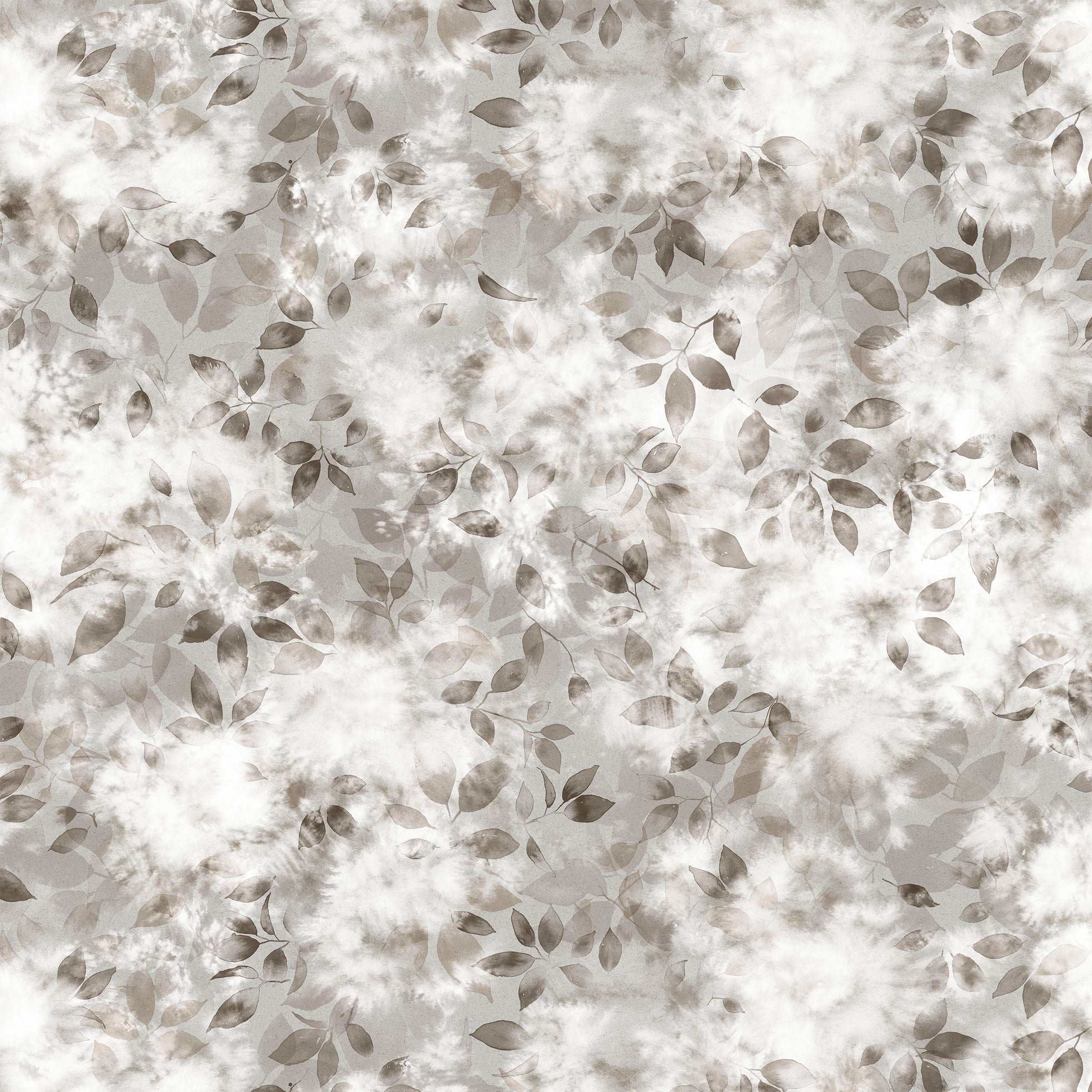 Detail of fabric in a painterly leaf print in shades of brown and gray with a mottled white overlay.