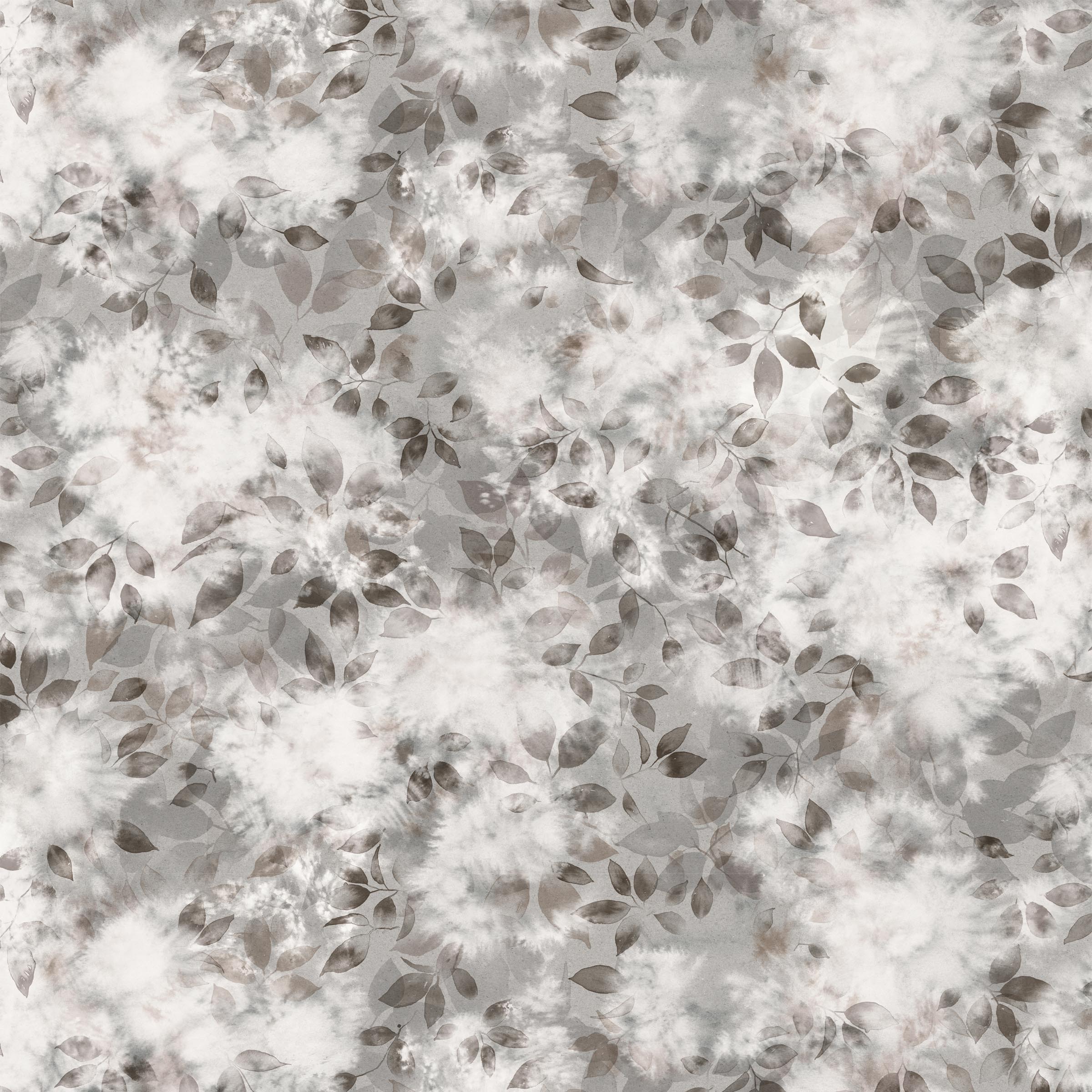 Detail of wallpaper in a painterly leaf print in shades of brown and gray with a mottled white overlay.