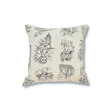 Back of a square throw pillow with a pattern of charcoal hand-drawn illustrations of New York City landmarks on a beige field.