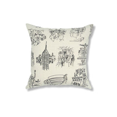 Square throw pillow with a pattern of charcoal hand-drawn illustrations of New York City landmarks on a beige field.