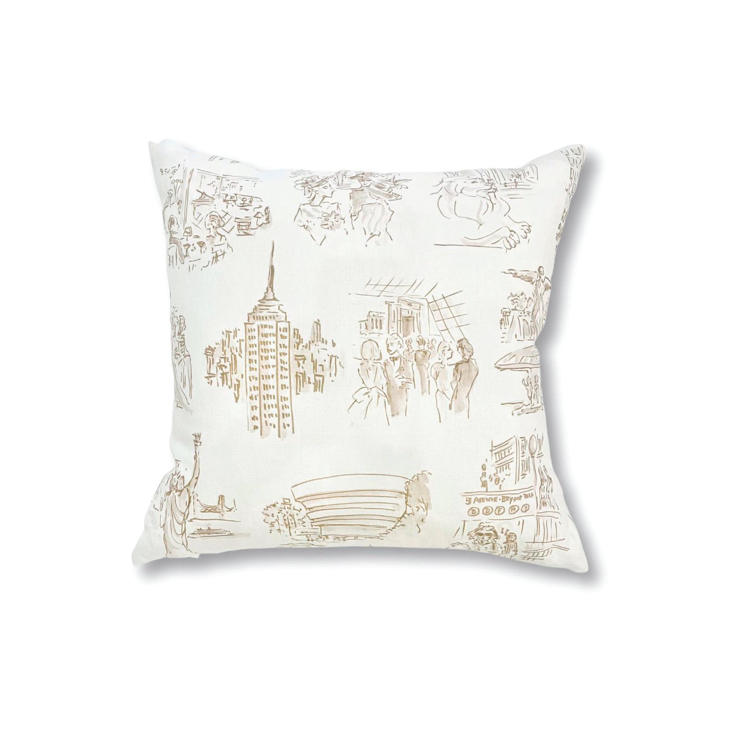 Square throw pillow with a pattern of sepia tone hand-drawn illustrations of New York City landmarks on a beige field.