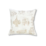 Square throw pillow with a pattern of sepia tone hand-drawn illustrations of New York City landmarks on a beige field.