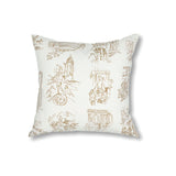 Back of a square throw pillow with a pattern of sepia tone hand-drawn illustrations of New York City landmarks on a beige field.