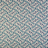 Detail of fabric in painterly diamond print in blue and navy on a white field.