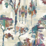 Detail of fabric in a painterly tree print in shades of purple, green and red on a cream field.